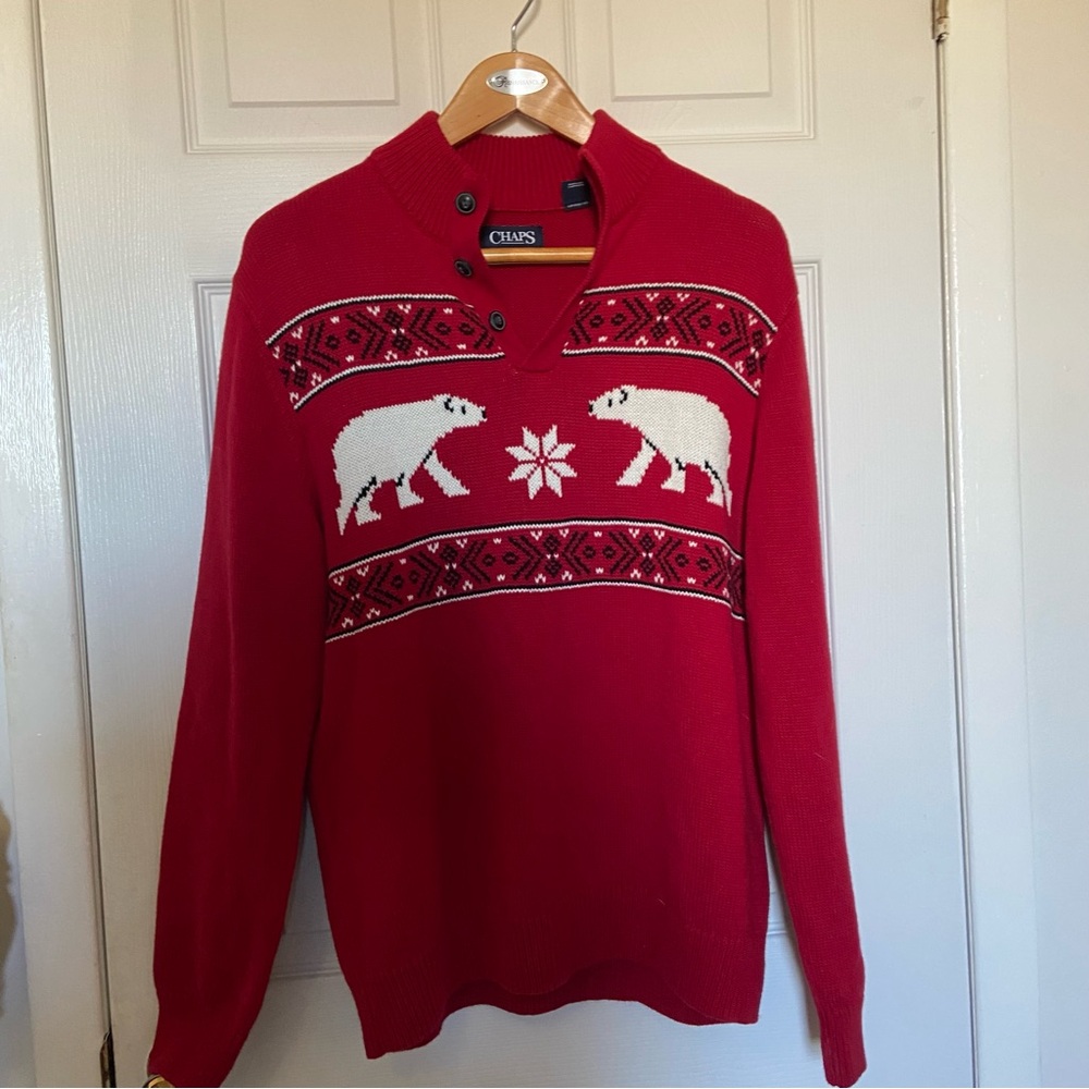 Chaps Red Crewneck Sweater with Polar Bear Design